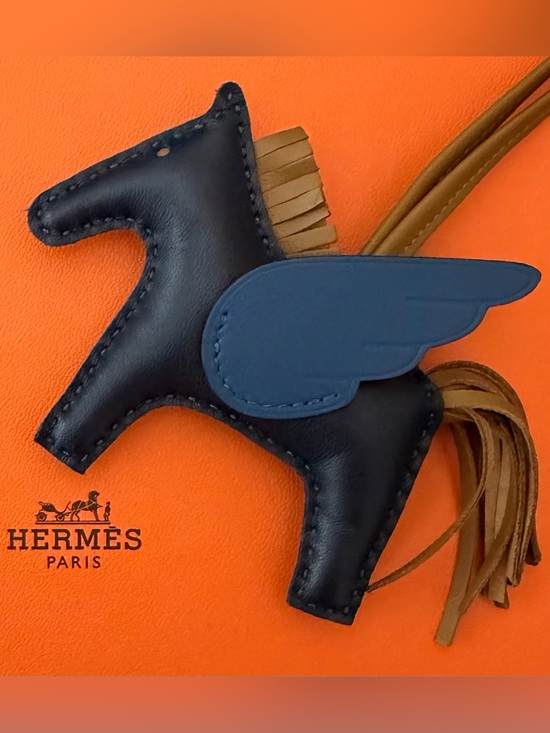 Hermes Other - Hermes Milo Lambskin Grigri Rodeo Pegase Bag Charm PM Bleu Nuit Bleu Tie Sesame